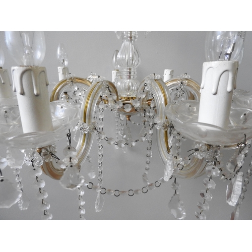 149 - A GLASS CHANDELIER, 20th century, comprising of eight down swept branches with glass drip trays and ... 