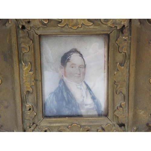 381 - A 19TH CENTURY MINIATURE PORTRAIT WATER COLOUR ON IVORY PANEL, in an ornate gilt frame, hand written... 