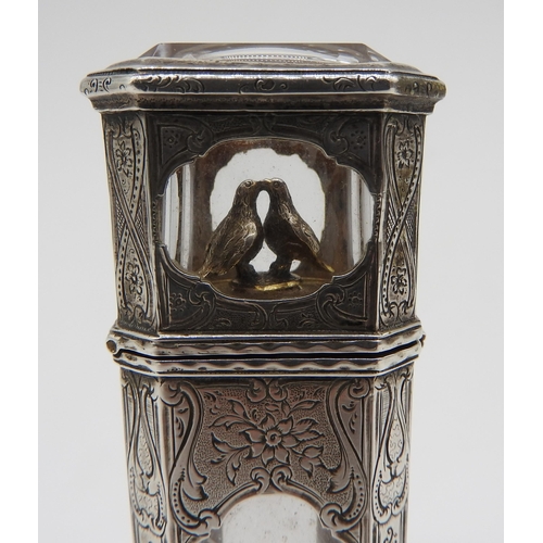 614 - AN ELEGANT 19TH CENTURY SILVER MOUNTED ROCK CRYSTAL SCENT BOTTLE, of tapered square form, the silver... 