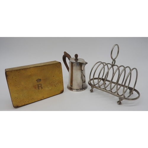 470 - A HARRISON BROS. SILVER PLATED TOAST RACK, SILVER PLATED HOT WATER POT AND A VINTAGE SANDWICH TIN, t... 