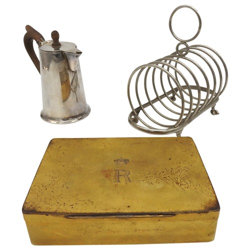 470 - A HARRISON BROS. SILVER PLATED TOAST RACK, SILVER PLATED HOT WATER POT AND A VINTAGE SANDWICH TIN, t... 