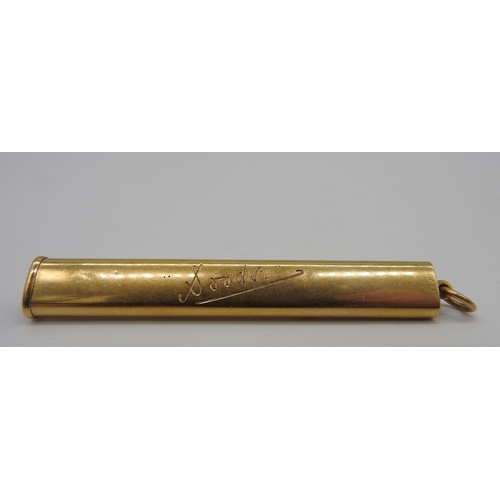 460 - A GOLD PROPELLING PENCIL, stamped 18ct, engraved with signature, 7 cm long, weight 8 grams