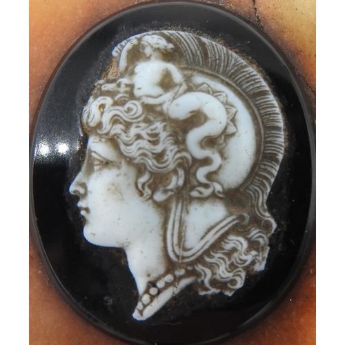 241 - A 19TH CENTURY 'GRAND TOUR' MARBLE PAPERWEIGHT, mounted with cameo portrait plaque of Greco-Roman go... 