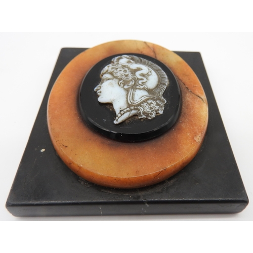 241 - A 19TH CENTURY 'GRAND TOUR' MARBLE PAPERWEIGHT, mounted with cameo portrait plaque of Greco-Roman go... 