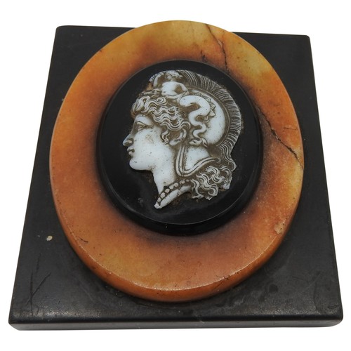 241 - A 19TH CENTURY 'GRAND TOUR' MARBLE PAPERWEIGHT, mounted with cameo portrait plaque of Greco-Roman go... 