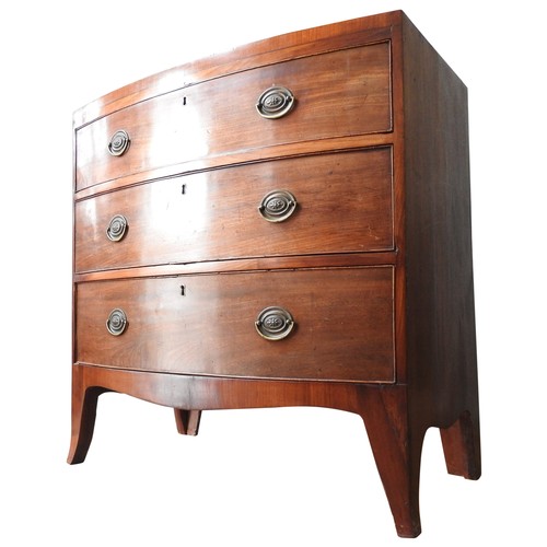 4 - A GEORGE III MAHOGANY BOW FRONT CHEST OF DRAWERS, comprising of three graduated long drawers, on spl... 
