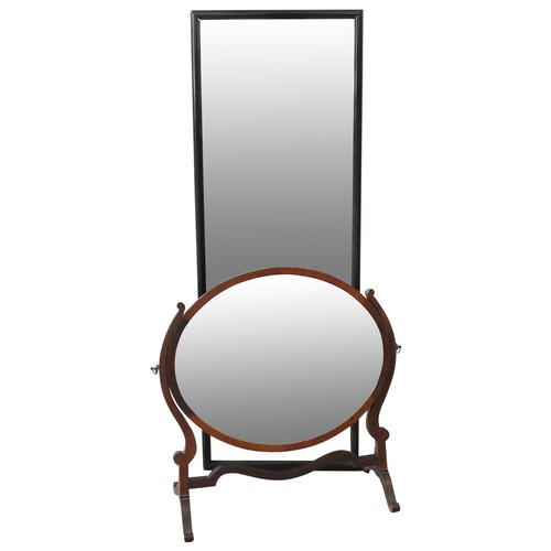 334 - A 19TH CENTURY MAHOGANY FRAMED TABLE MIRROR AND A HALL MIRROR, the oval table mirror measuring 57.5 ... 