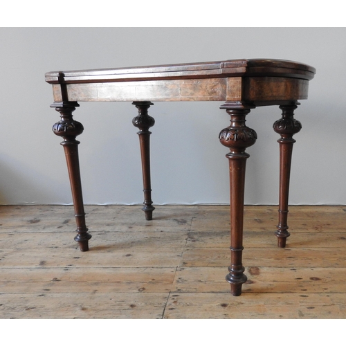 32 - A VICTORIAN BURR WALNUT CARD TABLE, the swivel top folding open to reveal a baize lined interior, wi... 