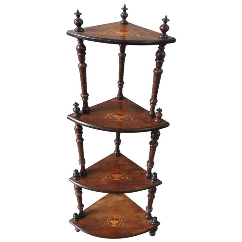 39 - A LATE VICTORIAN MAHOGANY CORNER WHAT NOT, the four shelves decorated with marquetry Grecian urn mot... 