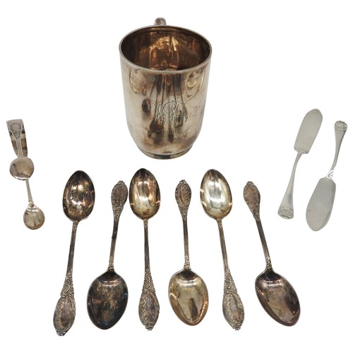 518 - A SILVER CHRISTENING MUG, SUGAR TONGS, TWO BUTTER KNIVES AND A SET OF SIX TEA SPOONS, bearing the fo... 