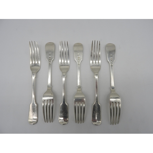 529 - A SET OF SIX SILVER DINNER FORKS, fiddle pattern with engraved monogram, bears the mark of Samuel Wh... 