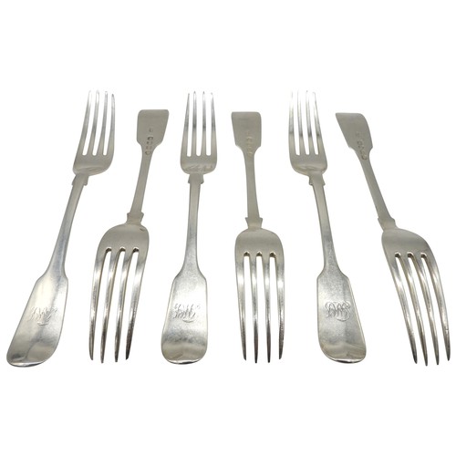 529 - A SET OF SIX SILVER DINNER FORKS, fiddle pattern with engraved monogram, bears the mark of Samuel Wh... 