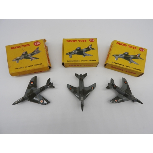 290 - THREE BOXED DINKY TOYS FIGHTER JETS AND SEVEN OTHER UNBOXED MODEL AEROPLANES, the boxed jets are a 7... 