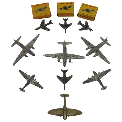 290 - THREE BOXED DINKY TOYS FIGHTER JETS AND SEVEN OTHER UNBOXED MODEL AEROPLANES, the boxed jets are a 7... 