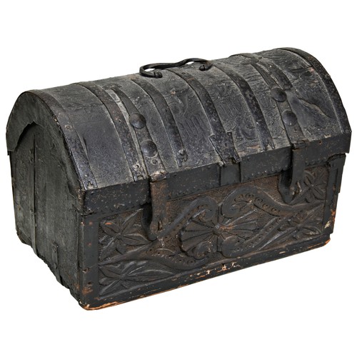 434 - A DUTCH EARLY 18TH CENTURY DOME TOP SILVER TRUNK, leather covered lid with wrought iron hinges, and ... 