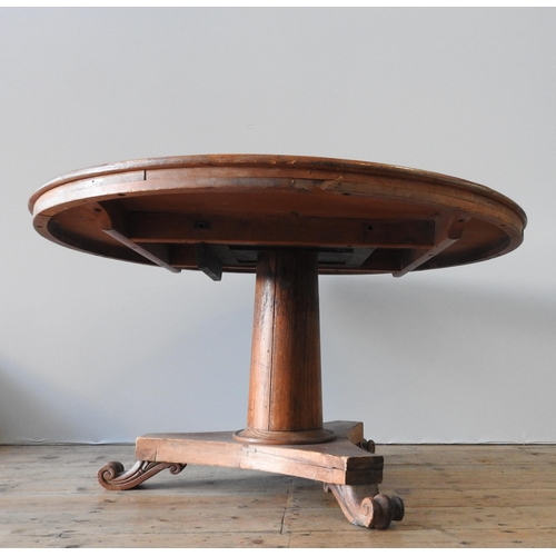 40 - A VICTORIAN STRIPPED PINE AND MAHOGANY TILT-TOP BREAKFAST TABLE, raised on three scroll feet, 68 cm ... 