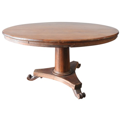 40 - A VICTORIAN STRIPPED PINE AND MAHOGANY TILT-TOP BREAKFAST TABLE, raised on three scroll feet, 68 cm ... 