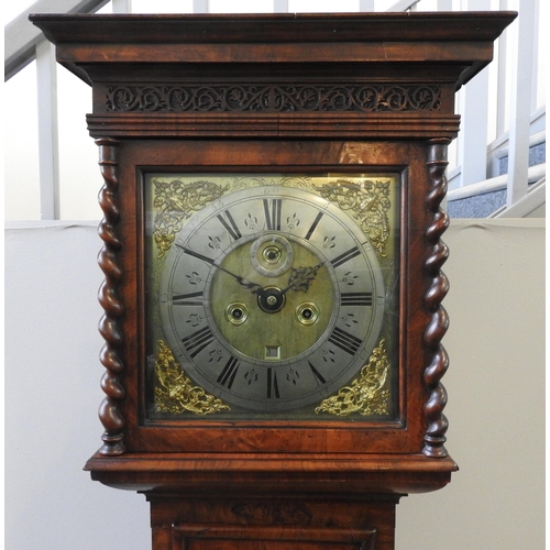 185 - A LATE 17TH CENTURY EIGHT DAY WALNUT LONGCASE CLOCK, 28 cm brass dial signed Francis Hussey, London ... 