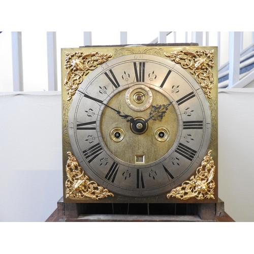 185 - A LATE 17TH CENTURY EIGHT DAY WALNUT LONGCASE CLOCK, 28 cm brass dial signed Francis Hussey, London ... 