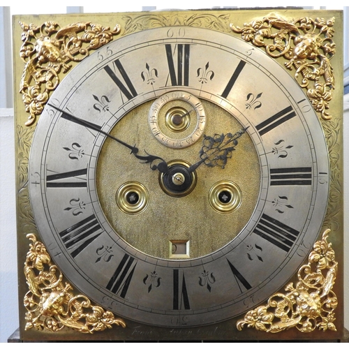 185 - A LATE 17TH CENTURY EIGHT DAY WALNUT LONGCASE CLOCK, 28 cm brass dial signed Francis Hussey, London ... 