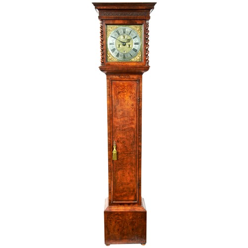 185 - A LATE 17TH CENTURY EIGHT DAY WALNUT LONGCASE CLOCK, 28 cm brass dial signed Francis Hussey, London ... 