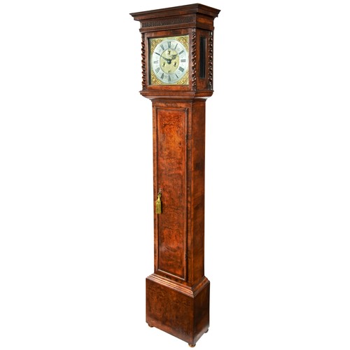 185 - A LATE 17TH CENTURY EIGHT DAY WALNUT LONGCASE CLOCK, 28 cm brass dial signed Francis Hussey, London ... 