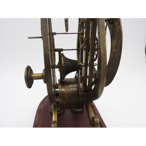 180 - A 19TH CENTURY BRASS FUSEE SKELETON CLOCK, 11 cm dial with Roman numerals, the scrolling plates unit... 