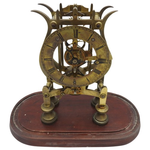 180 - A 19TH CENTURY BRASS FUSEE SKELETON CLOCK, 11 cm dial with Roman numerals, the scrolling plates unit... 