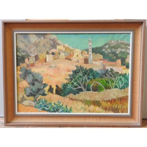 359 - OIL PAINTING OF CORSICA, GATEHOUSE ETCHING AND HILL SIDE WATER COLOUR(Oil is 50 x 70cm)