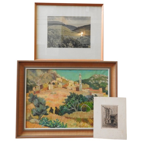 359 - OIL PAINTING OF CORSICA, GATEHOUSE ETCHING AND HILL SIDE WATER COLOUR(Oil is 50 x 70cm)