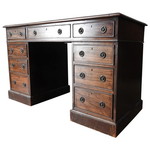 24 - A LATE 19TH CENTURY MAHOGANY WRITING DESK, a leather inset top section with three frieze drawers (on... 