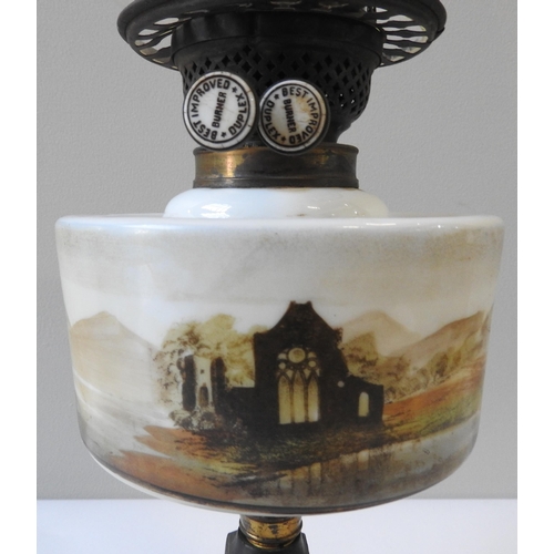 152 - A 19TH CENTURY OIL LAMP, with etched glass globular shade, glass chimney, a painted glass reservoir ... 