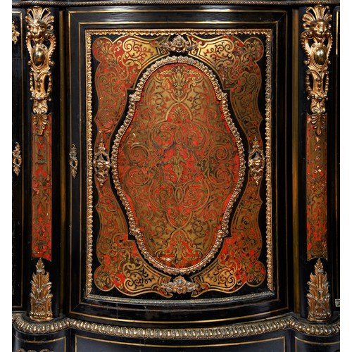 122 - A FINE NAPOLEON III EBONISED BRASS & TORTOISESHELL INLAID CREDENZA, a serpentine top with gadroo... 