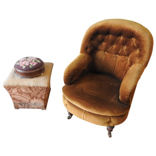 45 - A 19TH CENTURY NURSING CHAIR, buttoned upholstery covered in a gold colour material, on turned legs ... 
