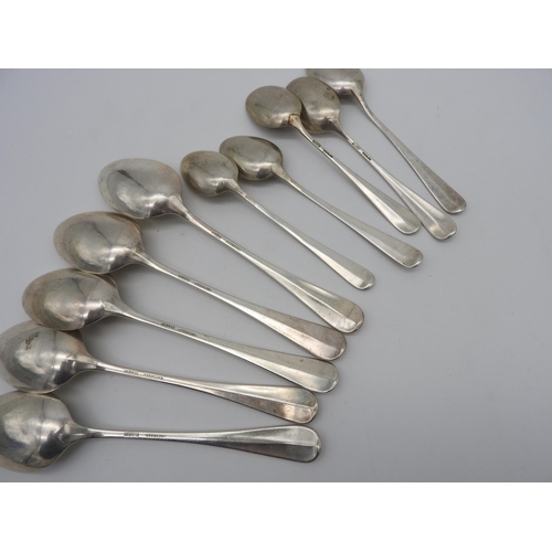 524 - FIVE BIRKS STERLING SILVER DESSERT SPOONS AND FIVE TEASPOONS, the larger spoons measuring 18 cm long... 