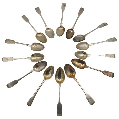 523 - A COLLECTION OF FOURTEEN SILVER FIDDLE TEA SPOONS, some with rat tail pattern, all with either Dubli... 