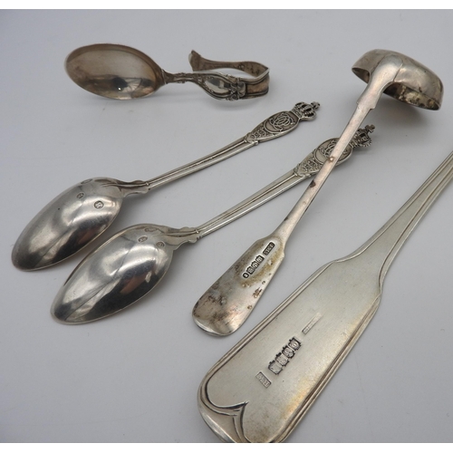 512 - A PAIR OF DANISH SILVER CROWN DECORATED SPOONS AND AN IRISH SILVER BASTING SPOON, along with a silve... 