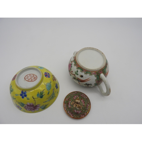 232 - A CHINESE FAMILLE ROSE TEA POT AND A YELLOW GROUND FAMILLE ROSE BOWL, the teapot profusely decorated... 