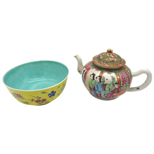 232 - A CHINESE FAMILLE ROSE TEA POT AND A YELLOW GROUND FAMILLE ROSE BOWL, the teapot profusely decorated... 