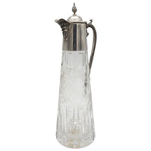 527 - AN ELEGANT SILVER MOUNTED CUT GLASS CLARET JUG, of tapered form with etched vine decoration to the b... 