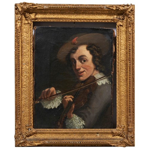 414 - AN 18TH CENTURY PORTRAIT OIL PAINTING ON CANVAS OF VIOLINIST, Dutch school,  artist unknown, in a pe... 