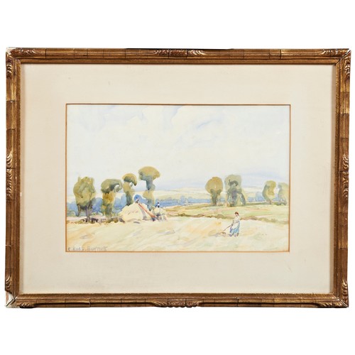 392 - CECIL ROSS BURNETT (1872-1933) WATERCOLOUR ON PAPER OF PASTORAL HARVEST SCENE, signed in bottom left... 