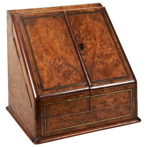 435 - A BURR WALNUT AND BRASS INLAID STATONERY BOX19TH CENTURYof typical form with a compartmentalized int... 