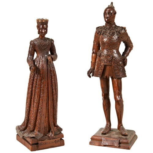 323 - TWO CONTINENTAL CARVED BOXWOOD FIGURES19TH CENTURYdepicting a knight and a maiden, inscribed 'Arthur... 