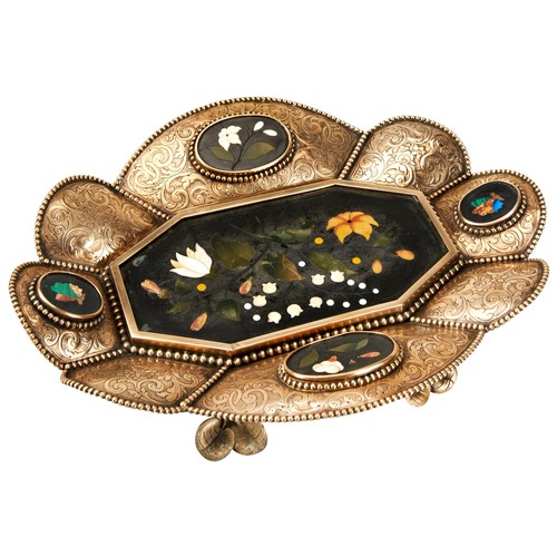 573 - A GILT-METAL AND PIETRA DURA MOUNTED DISH19TH CENTURYof flora-form, inset with five pietra dura pane... 