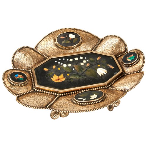 573 - A GILT-METAL AND PIETRA DURA MOUNTED DISH19TH CENTURYof flora-form, inset with five pietra dura pane... 