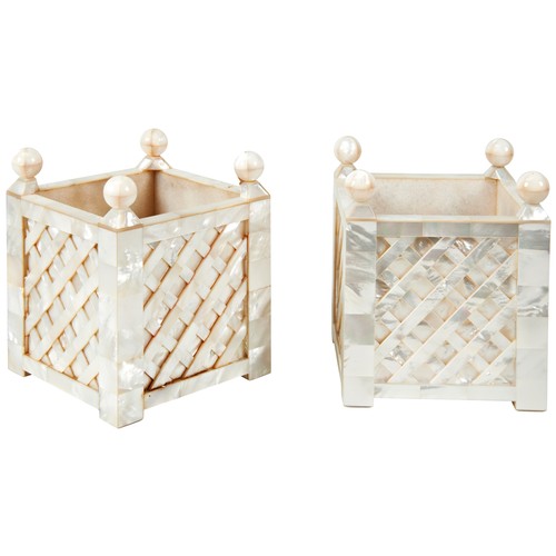 612 - A PAIR OF MOTHER OF PEARL JARDINIERES 20TH CENTURYof square form, the sides with trellis panels surm... 