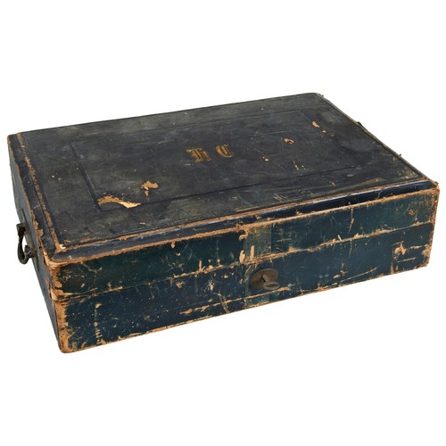 432 - A LEATHER BOUND RUSSIAN BOX, the lid mounted with pierced brass initials, the blue silk lid interior... 