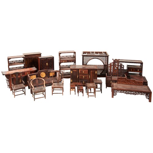 295 - A COLLECTION OF CHINESE MINIATURE CARVED WOODEN FURNITURE, comprising an intricate fret carved opium... 