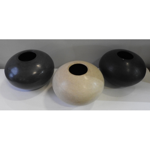 245 - THREE 20TH CENTURY STYLISED 'PEBBLE' PLANTERS, compressed globular form in grey, cream and black gro... 